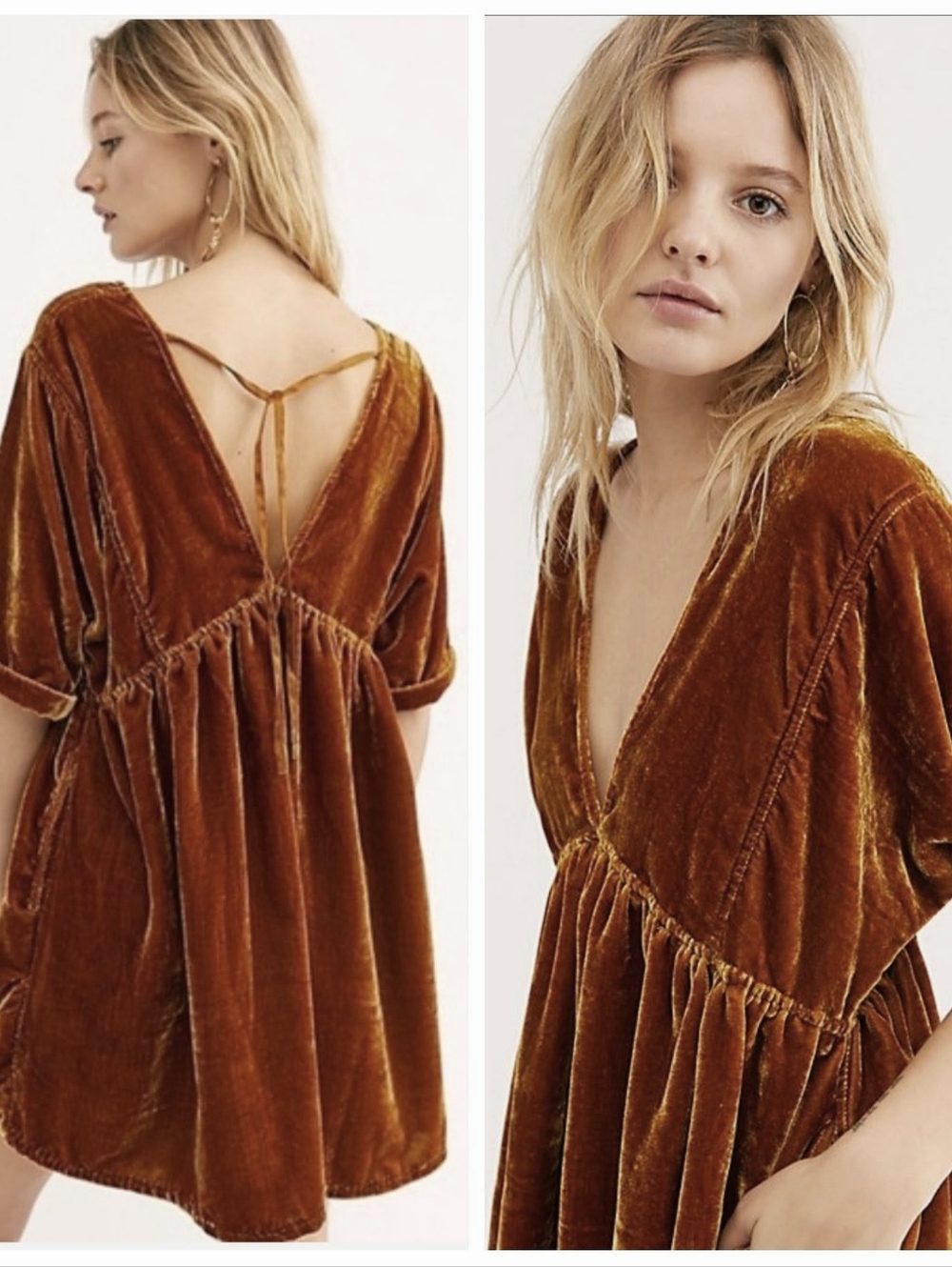 Free People Ivy Velvet Mini Dress Babydoll Women's Medium Golden Brown Bohemian
